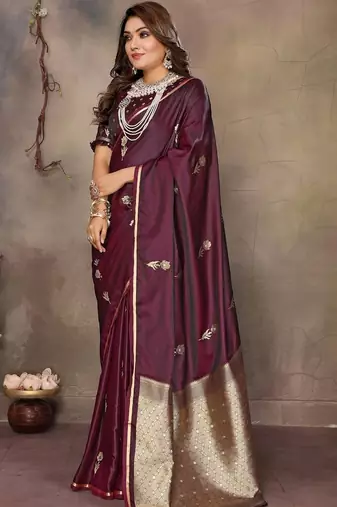 maroon ethnic motifs zari silk blend banarasi saree
