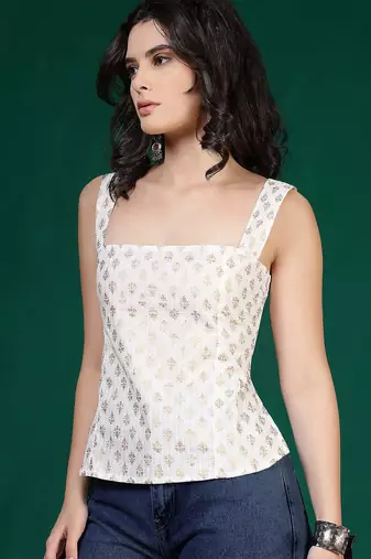 Off-white cotton printed top for women