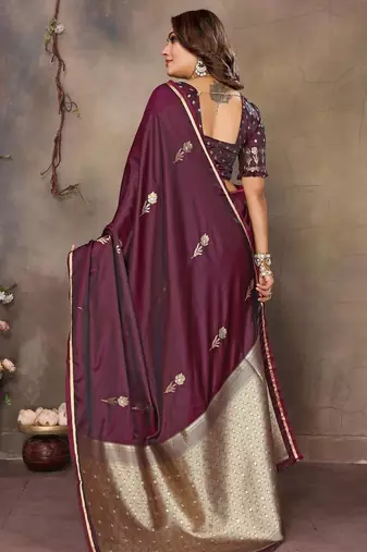 maroon ethnic motifs zari silk blend banarasi saree