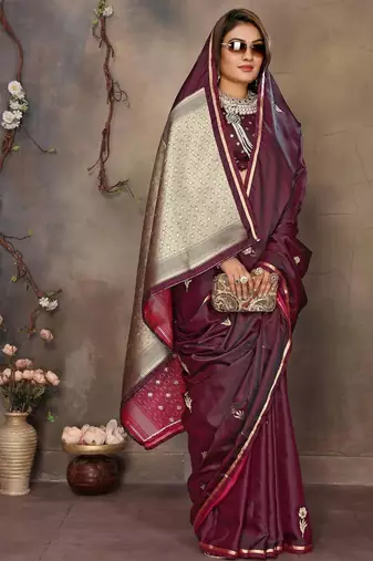 maroon ethnic motifs zari silk blend banarasi saree