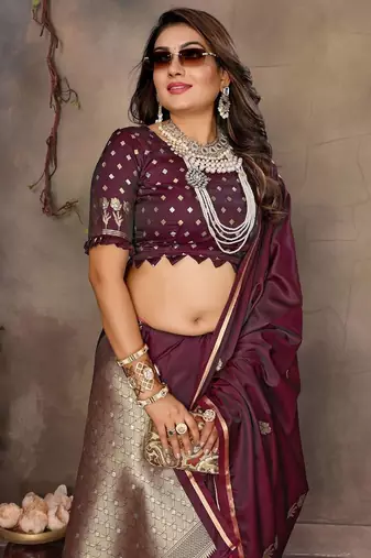 maroon ethnic motifs zari silk blend banarasi saree