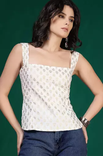 Off-white cotton printed top for women
