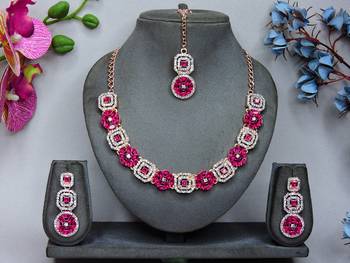 Pink color rhodium plating festive wear designer necklace set 1