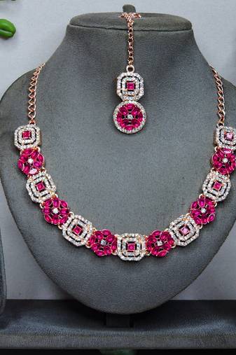 Pink color rhodium plating festive wear designer necklace set