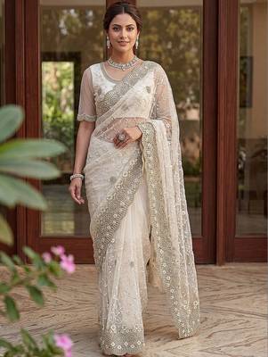 off_white embellished embroidered net designer saree 1