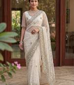 off_white embellished embroidered net designer saree