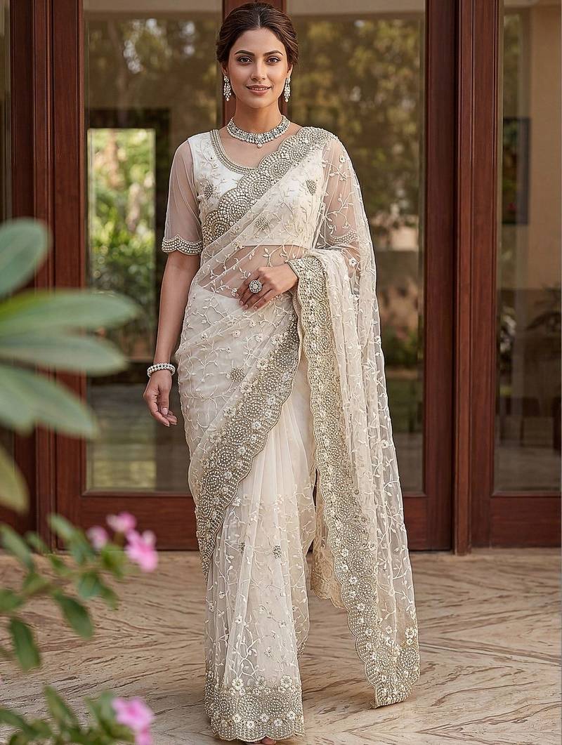 off_white embellished embroidered net designer saree