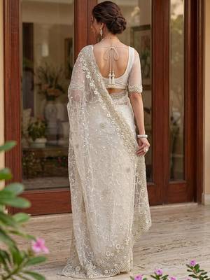 off_white embellished embroidered net designer saree 2