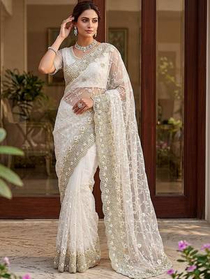 off_white embellished embroidered net designer saree 3