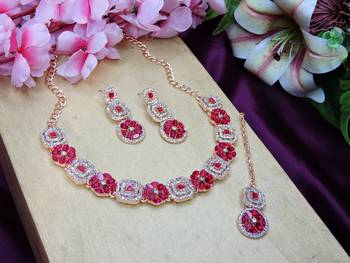 Pink color rhodium plating festive wear designer necklace set 2