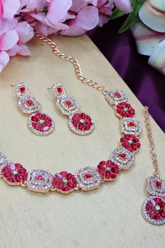 Pink color rhodium plating festive wear designer necklace set