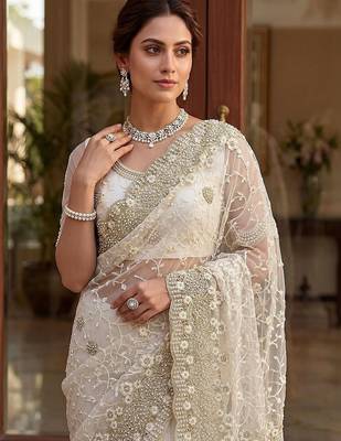 off_white embellished embroidered net designer saree 4