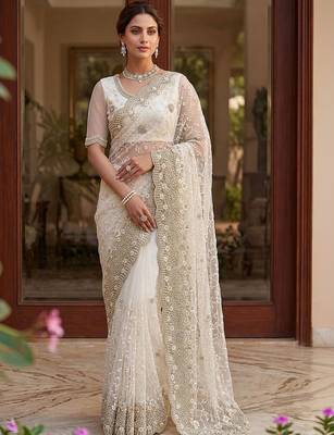 off_white embellished embroidered net designer saree 5