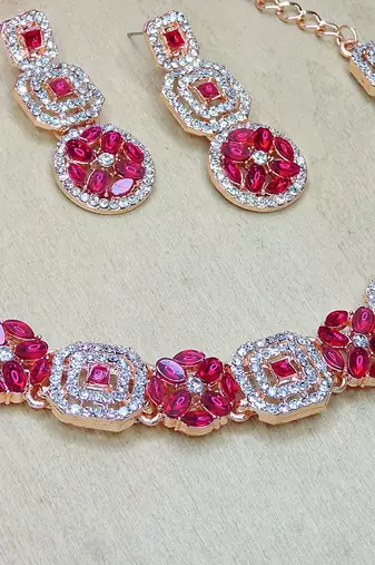 Pink color rhodium plating festive wear designer necklace set