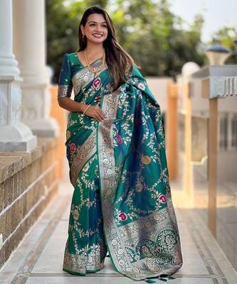 teal woven design zari silk blend banarasi saree 1