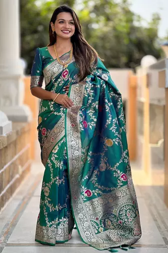 teal woven design zari silk blend banarasi saree