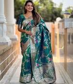 teal woven design zari silk blend banarasi saree