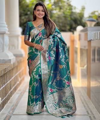 teal woven design zari silk blend banarasi saree 2