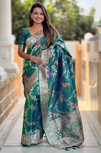 teal woven design zari silk blend banarasi saree
