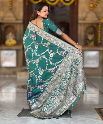 teal woven design zari silk blend banarasi saree 3