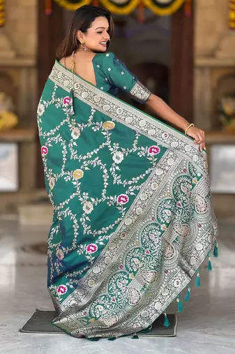 teal woven design zari silk blend banarasi saree