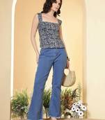 Grey cotton printed top for women