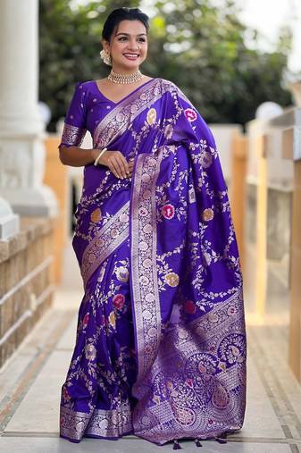violet woven design zari silk blend banarasi saree