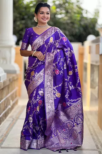 violet woven design zari silk blend banarasi saree