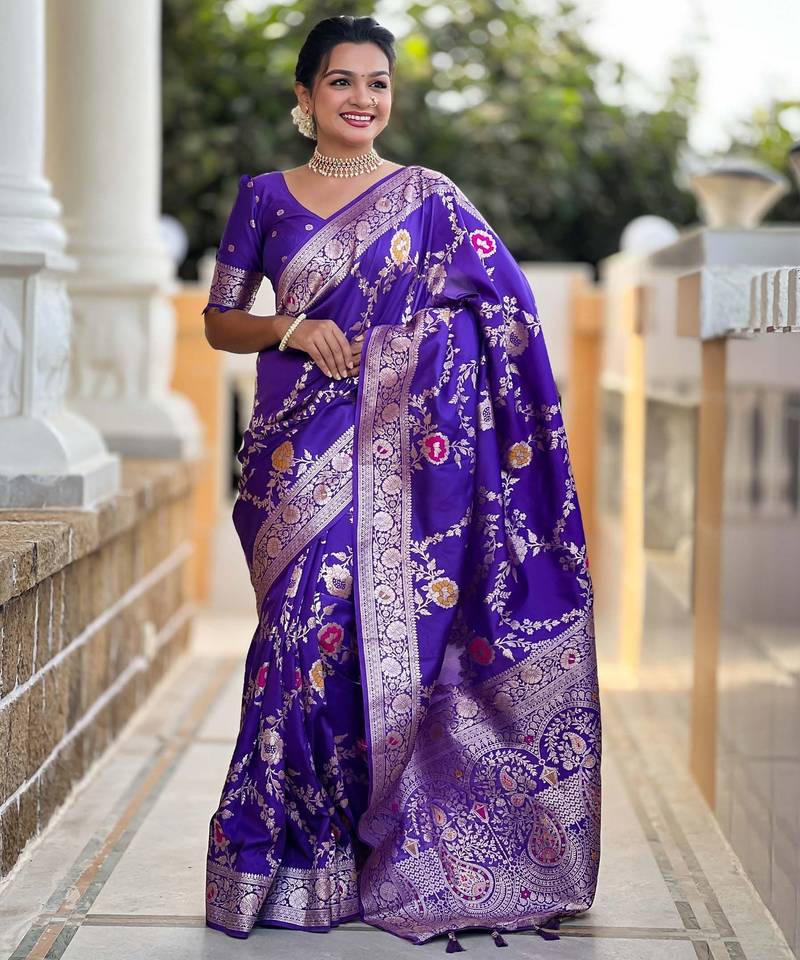 violet woven design zari silk blend banarasi saree