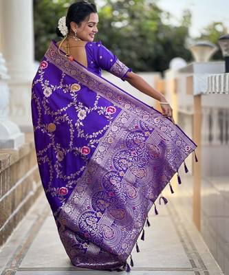 violet woven design zari silk blend banarasi saree 3