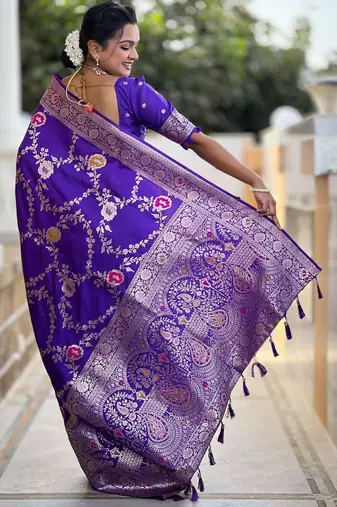 violet woven design zari silk blend banarasi saree