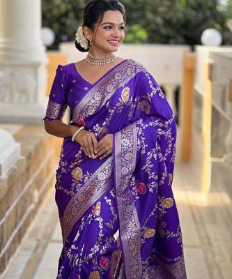 violet woven design zari silk blend banarasi saree 4