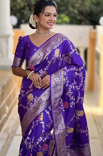 violet woven design zari silk blend banarasi saree