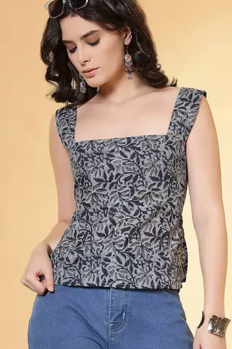 Grey cotton printed top for women