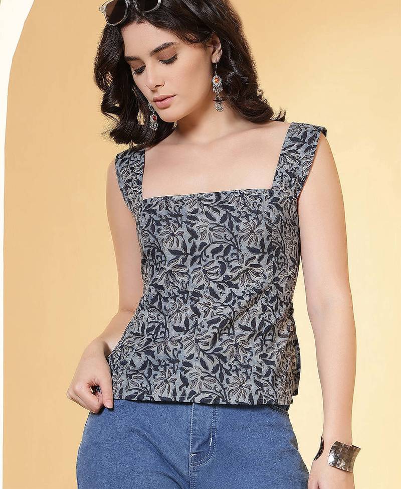 Grey cotton printed top for women