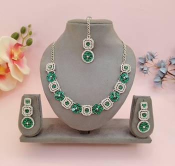Green color rhodium plating festive wear designer necklace set 1