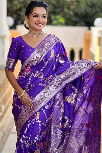 violet woven design zari silk blend banarasi saree