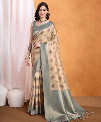 beige floral woven design zari banarasi saree 1