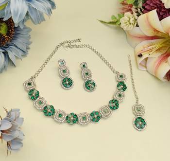 Green color rhodium plating festive wear designer necklace set 2