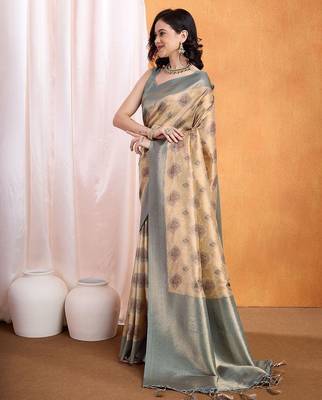 beige floral woven design zari banarasi saree 2