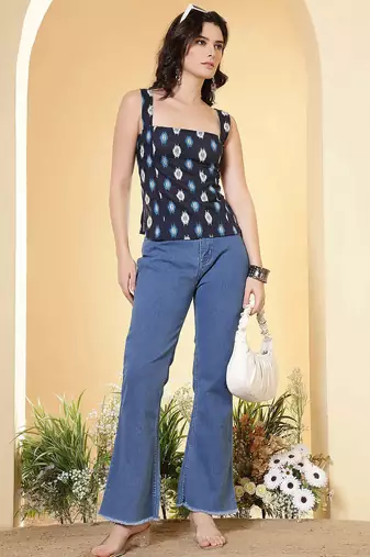 Blue cotton printed top for women
