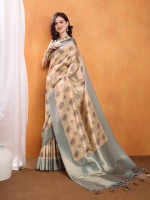 beige floral woven design zari banarasi saree 4