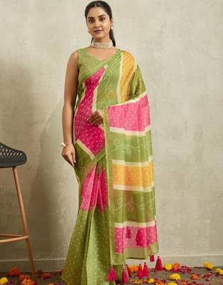 green bandhani handloom ready to wear saree 1