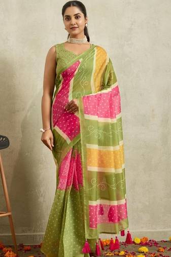 green bandhani handloom ready to wear saree