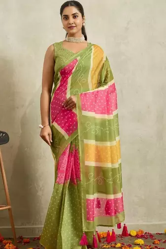green bandhani handloom ready to wear saree
