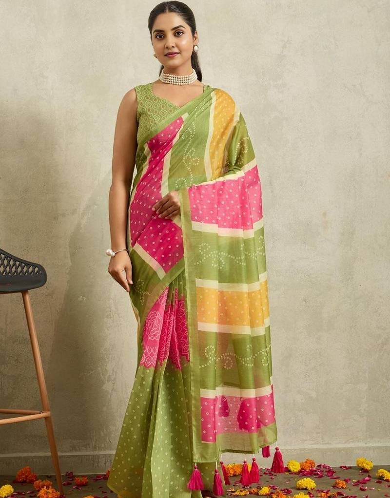 green bandhani handloom ready to wear saree