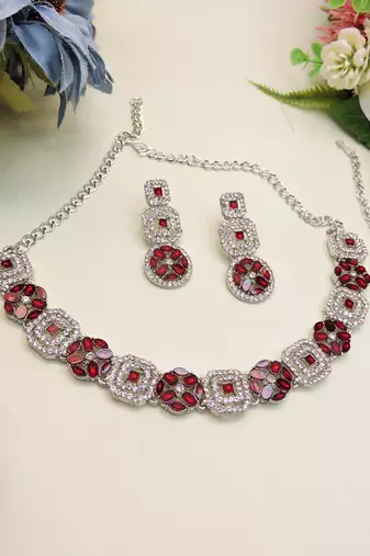 Maroon color rhodium plating festive wear designer necklace set