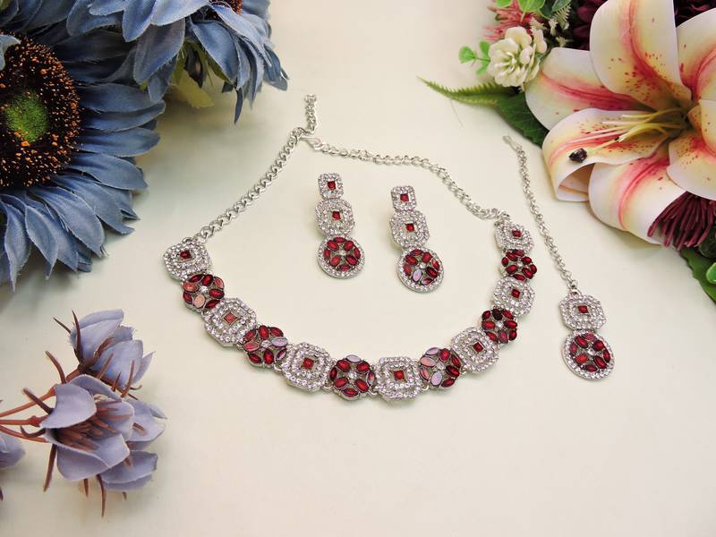 Maroon color rhodium plating festive wear designer necklace set
