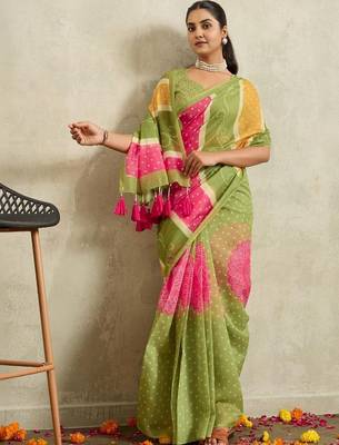 green bandhani handloom ready to wear saree 2