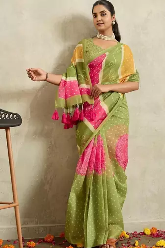 green bandhani handloom ready to wear saree